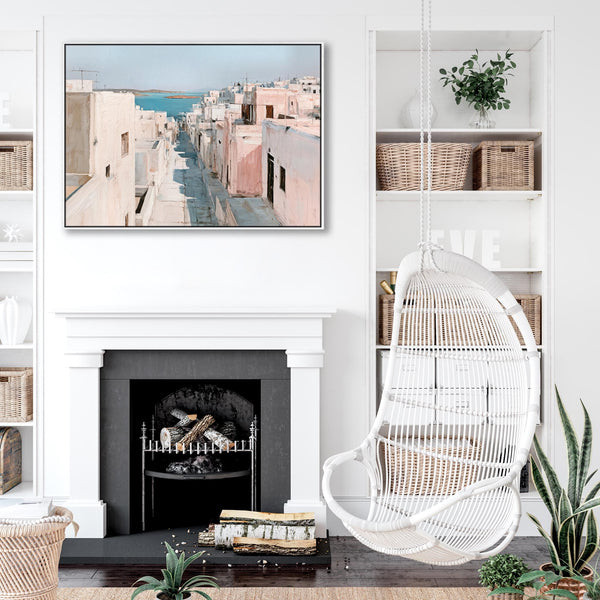 Blue Cream Neutral Framed Canvas Art - Greek Island Passage