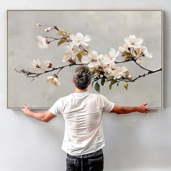 Large Cream Grey Framed Scandi Canvas Wall Art Spring Blossom
