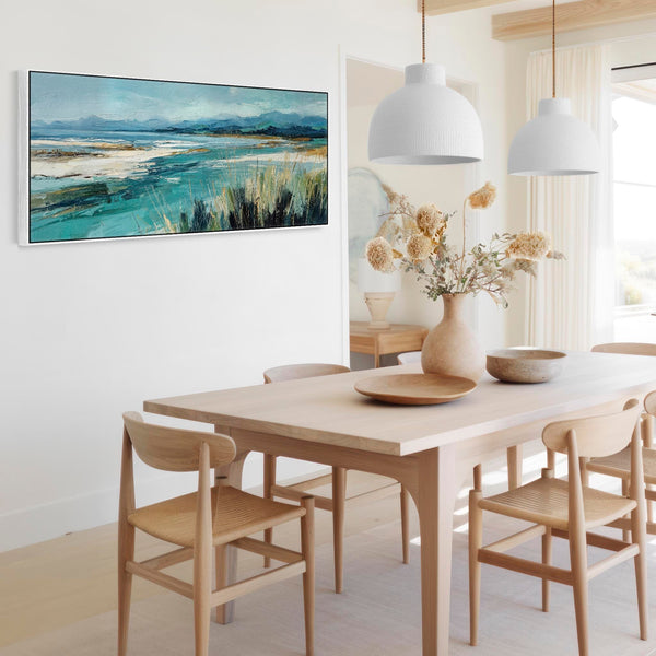 Wide Teal Blue Framed Beach Wall Art on Canvas - Coastal Calm