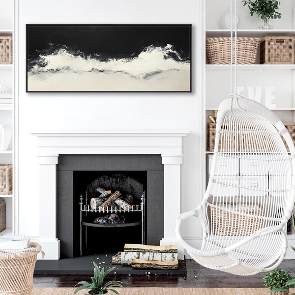 Neutral Beige Black Framed Horizontal Artwork Canvas Cream Wave Panoramic