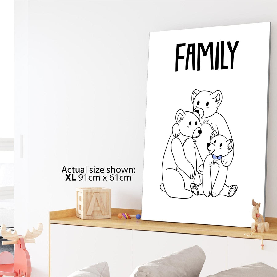 Bear Family Childrens - Nursery Canvas Wall Art Picture Black and White Blue