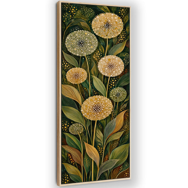 Tall Green Cream Framed Canvas Art Dandelion Botanical Floral