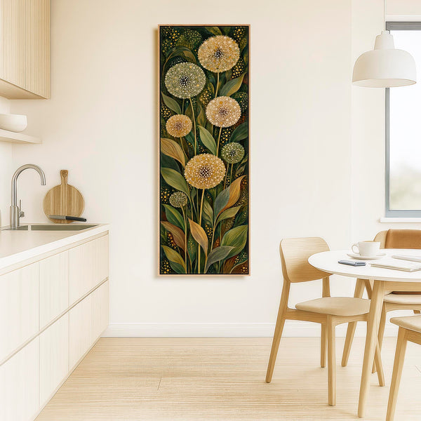 Tall Green Cream Framed Canvas Art Dandelion Botanical Floral