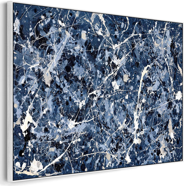 Dark Navy Blue White Framed Wall Art - Jackson Pollock Style