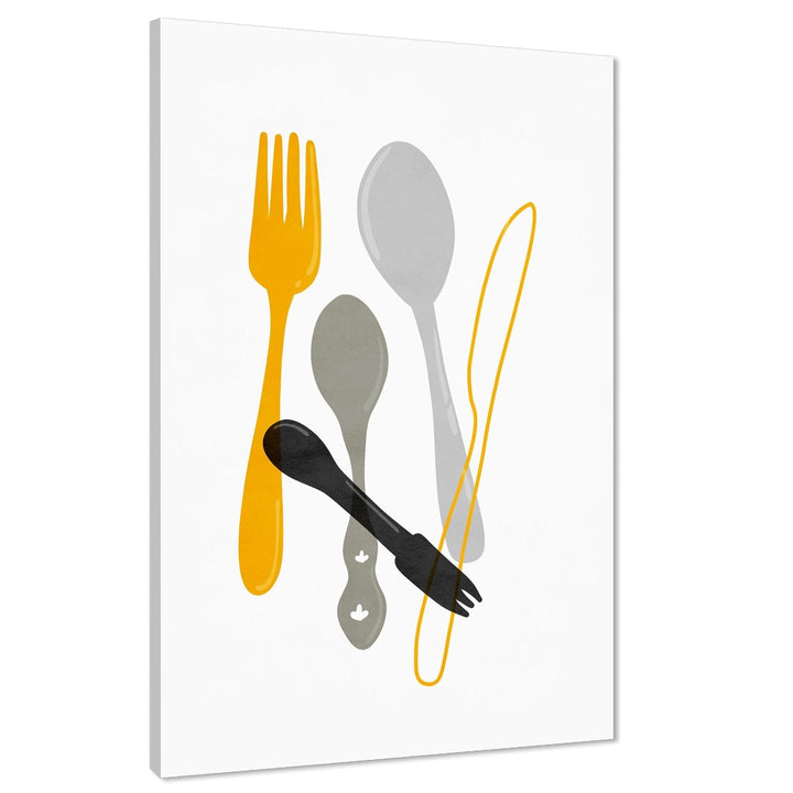 Kitchen Canvas Art Pictures Knife Fork Spoon Cutlery Yellow Grey - 1RP1403M