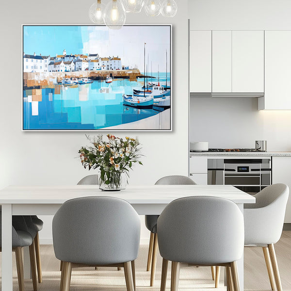 Kitchen Canvas Wall Art - Framed Cornish Coastal Artwork in Blue