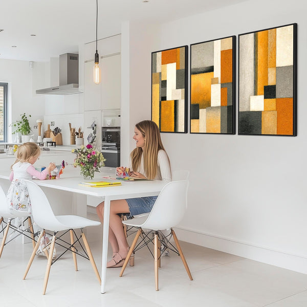 Set of 3 Mustard Yellow Orange Abstract Wall Art Framed - Geometric Warmth