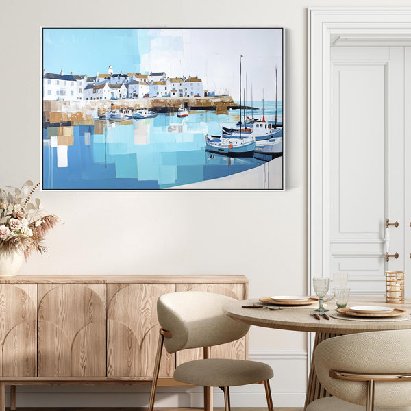 Kitchen Canvas Wall Art - Framed Cornish Coastal Artwork in Blue