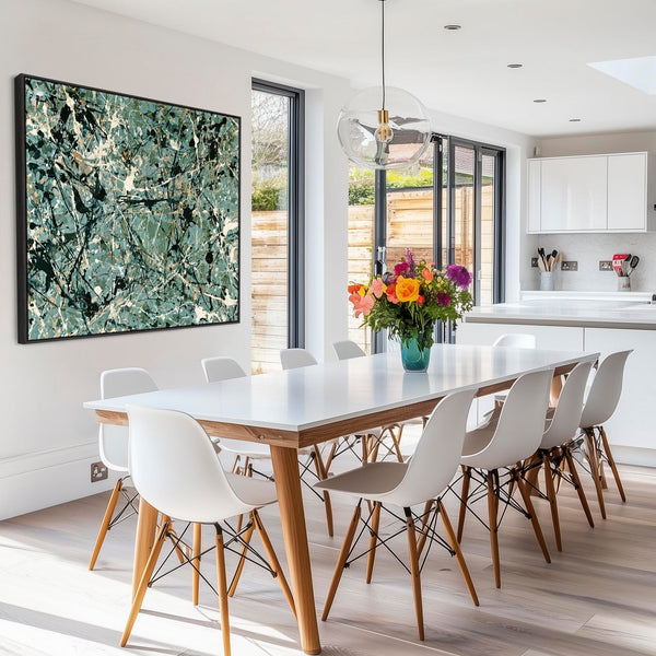 Living Room Framed Canvas - Jackson Pollock Style - Sage Green