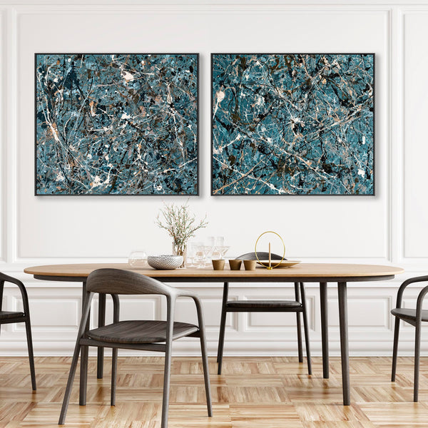 Extra Large Teal Jackson Pollock Inspired Pair Framed Canvases