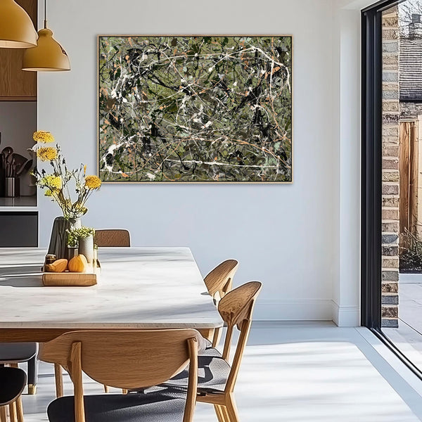 Kitchen Wall Art - Framed Jackson Pollock Style - Sage Abstract