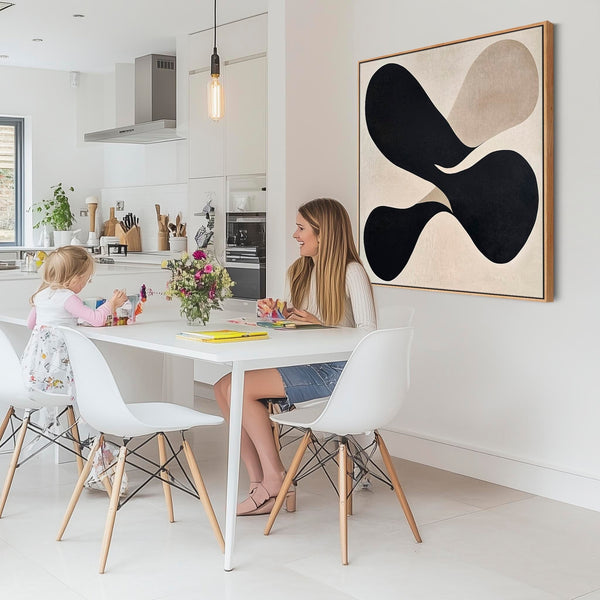 Large Hallway Beige Black Neutral Wall Art Framed - Symmetry Eclipse