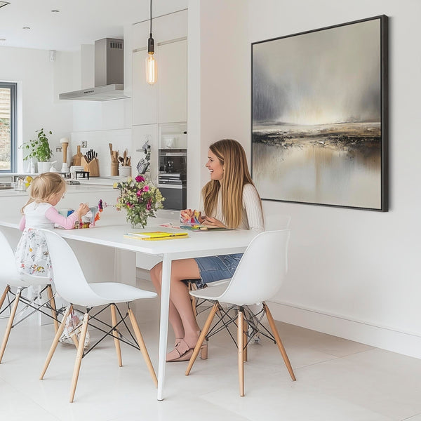 Greige Abstract Landsape Framed Artwork on Canvas for Kitchen Diner Grey Beige