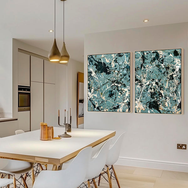 Large Framed Set of 2 Canvas Teal Green Jackson Pollock Style