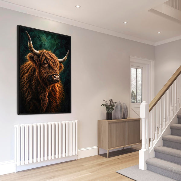 Dougal - Highland Cow - Copper & Teal Green Framed Canvas Print