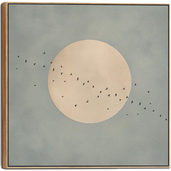Framed Duck Egg Blue Japandi Canvas Wall Art Moon Birds