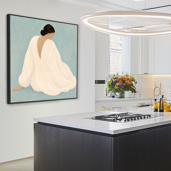 Framed Artwork - Woman Empowerment Contemplation - White Dress 1 - Blue