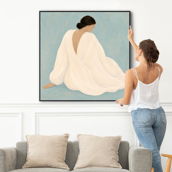 Framed Artwork - Woman Empowerment Contemplation - White Dress 1 - Blue