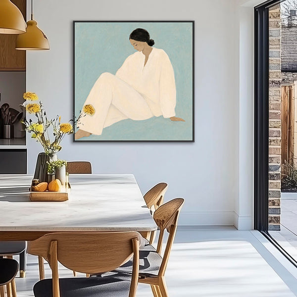 Framed Canvas - Feminine Empowerment Contemplation - White Dress 2 - Blue