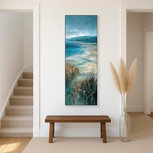 Tall Hallway Entrance Framed Wall Canvas - Teal Blue Hall Art