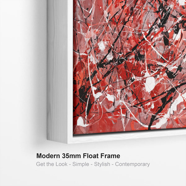 Large Bright Red Black Framed Jackson Pollock Style Canvas Art