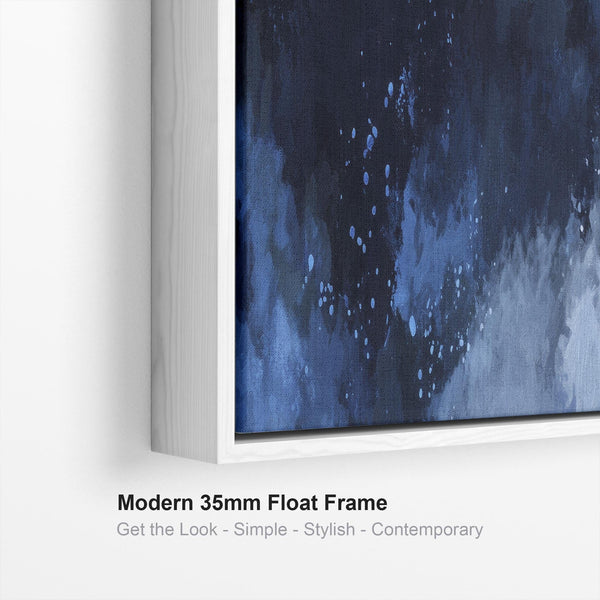 Blue White Abstract Wall Art Framed Canvas Wide Horizontal - Ocean Escape