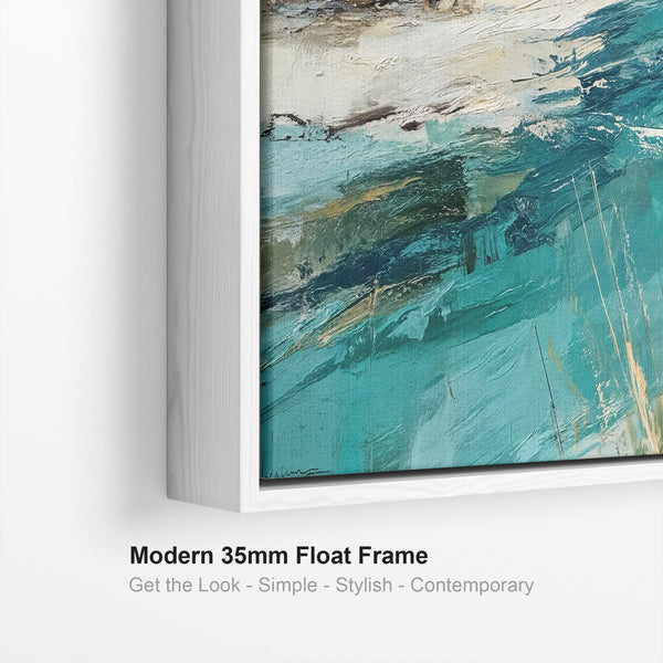 Wide Teal Blue Framed Beach Wall Art on Canvas - Coastal Calm