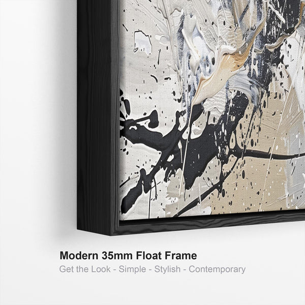 Neutral Black Jackson Pollock Style Wide Artwork Framed Horizontal Illusion