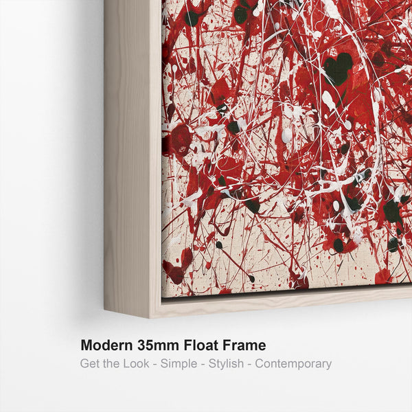 Large Red Cream Framed Jackson Pollock Drip Style Canvas Art