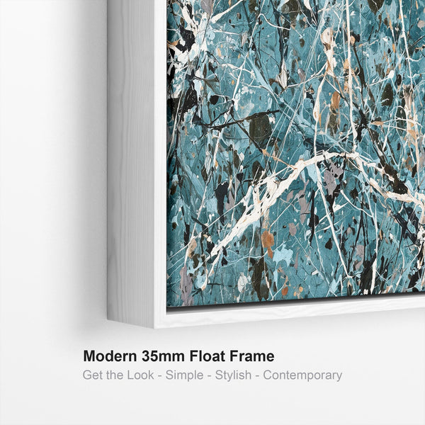 Set of 3 Teal Jackson Pollock Inspired Abstract Framed Canvas