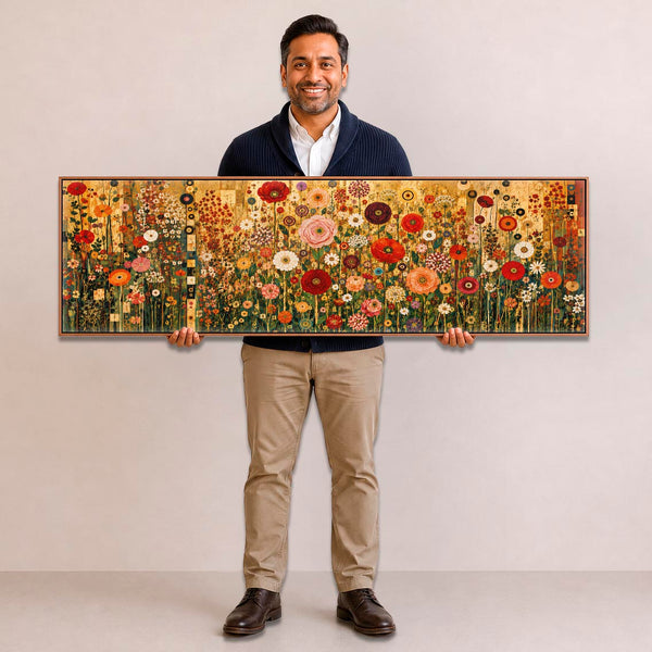 Wide Floral Gustav Klimt inspired Framed Bedroom Canvas Art
