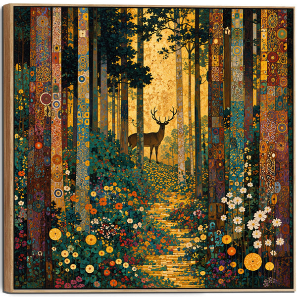 Big Gustav Klimt inspired Framed Trees Canvas Art - Forest Stag