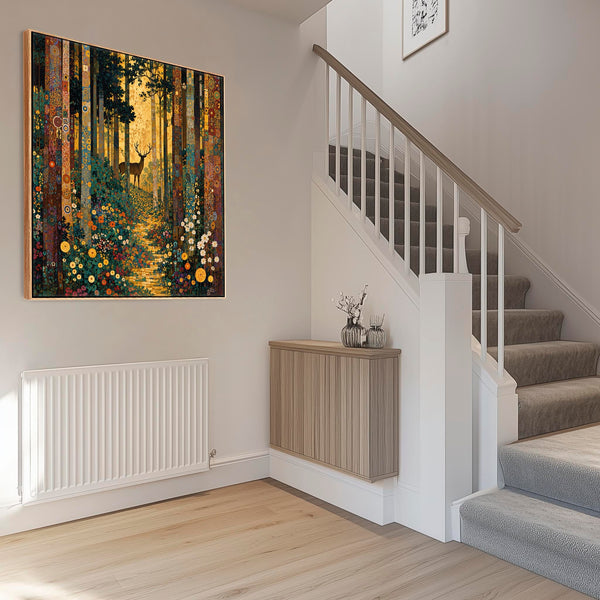 Big Gustav Klimt inspired Framed Trees Canvas Art - Forest Stag