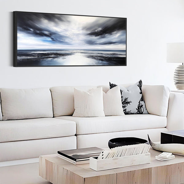 Blue White Horizontal Abstract Canvas Art - Nordic Horizon
