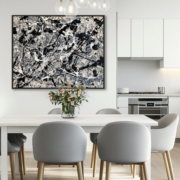 Neutral Beige Grey Jackson Pollock Style Framed Canvas - Swarm