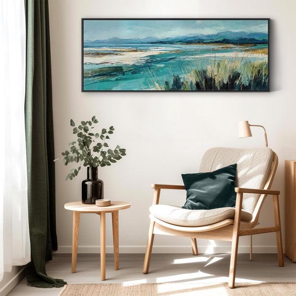 Wide Living Room Framed Wall Art on Canvas - Teal Tidal Drift