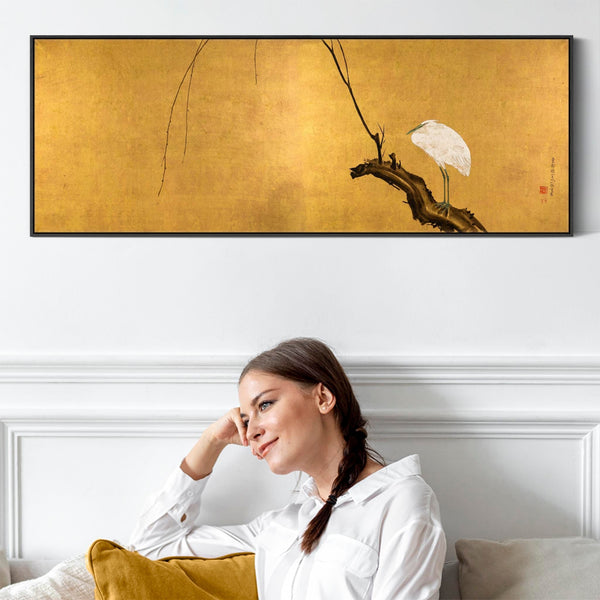 Mustard Yellow Japanese Framed Art Print Canvas Maruyama Okyo - Heron Willow Branch