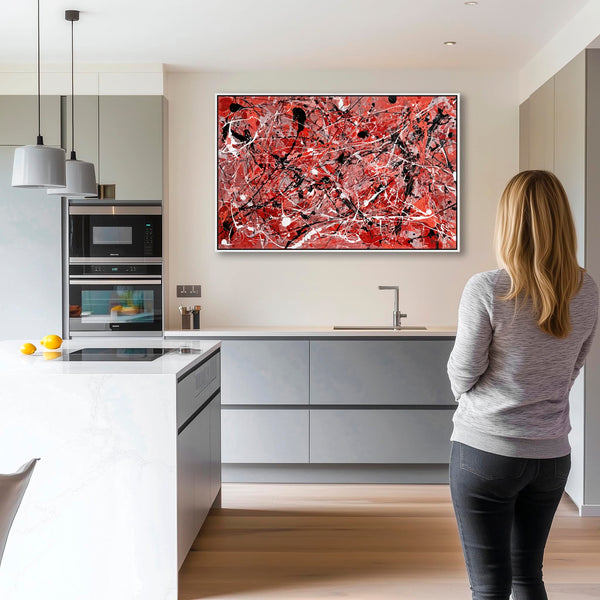 Large Bright Red Black Framed Jackson Pollock Style Canvas Art