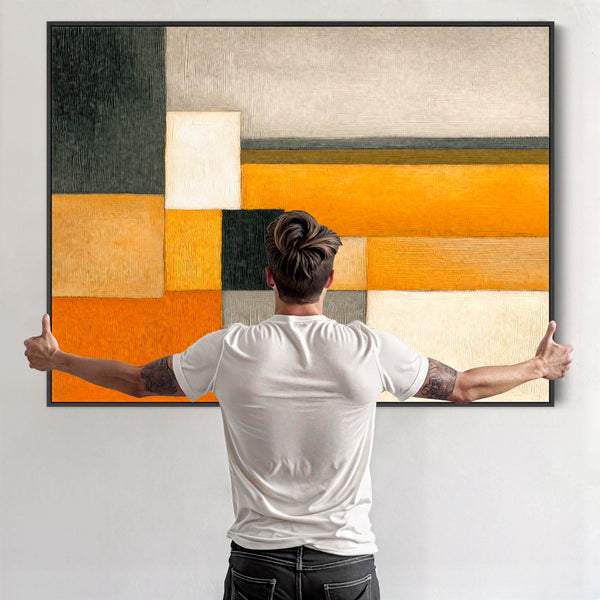 Big Mustard Yellow Orange Abstract Artwork Framed - Ochre Blend