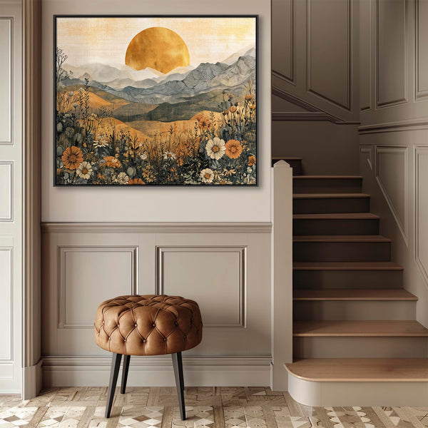 Ochre Orange Grey Landscape - Boho Sunrise Framed Canvas Art