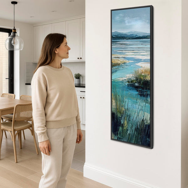 Tall Teal Blue Framed Beach Landscape on Canvas - Serenity