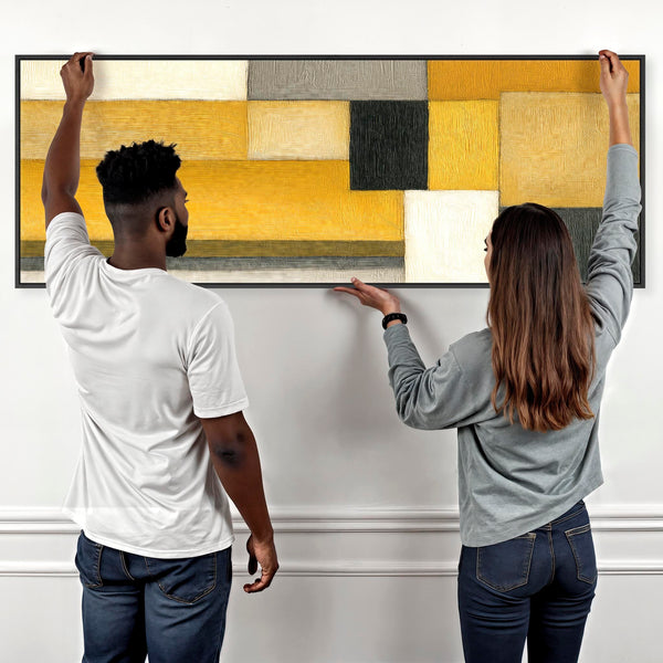 Wide Mustard Yellow Grey Framed Horizontal Canvas Wall Art - Abstract Steps