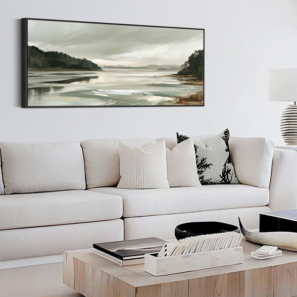 Wide Sage Green Grey Framed long Canvas Print - Alnmouth Drift