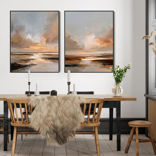 Pair Abstract Landscape - Framed Rust Orange Artwork - Set of 2 Canvas