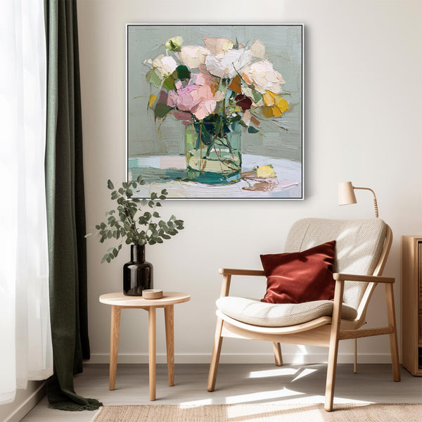 Abstract Pink Green Floral Framed Artwork Canvas
