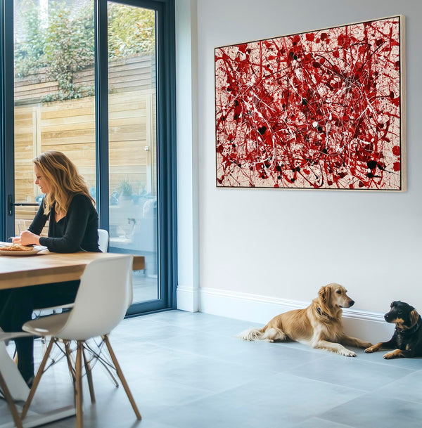 Large Red Cream Framed Jackson Pollock Drip Style Canvas Art