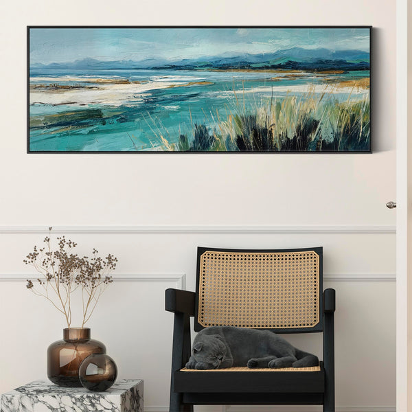 Wide Living Room Framed Wall Art on Canvas - Teal Tidal Drift