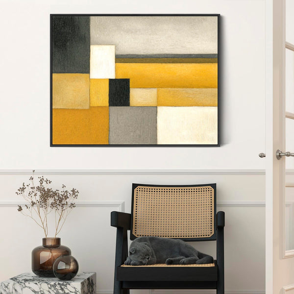 Extra Large Mustard Yellow Grey Abstract Framed Canvas Wall Art - Ochre Steps
