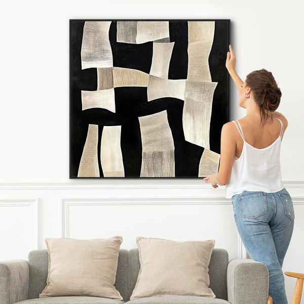 Beige Black Abstract Artwork Print Framed Canvas for Hallway Neutral