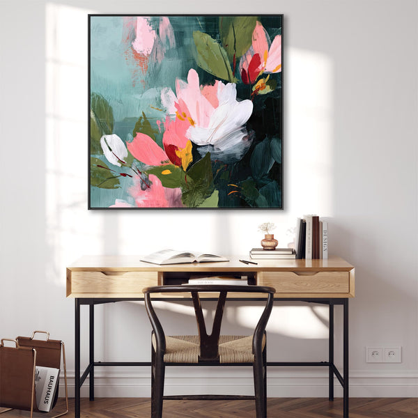 Square Pink Green Abstract Floral Canvas Framed Wall Art